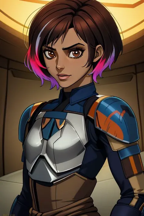 Sabine Wren, slim body, brown eyes, dark hair, asian, small breasts, multicolored hair, slim waist, dark skin, short hair, medium sized breasts, mandalorian armor, upper body