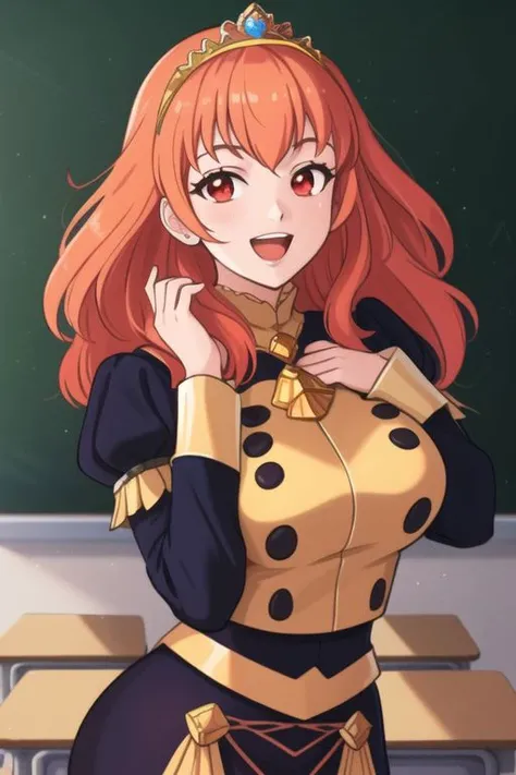 (highres,masterpiece,detailed) 1woman, 21 years old, royal hairstyle, peach hair color, red eyes color, curvaceous figure, playful smile, open mouth, hand on chest, tiara on head, classroom background, portrait, masterpiece, best quality