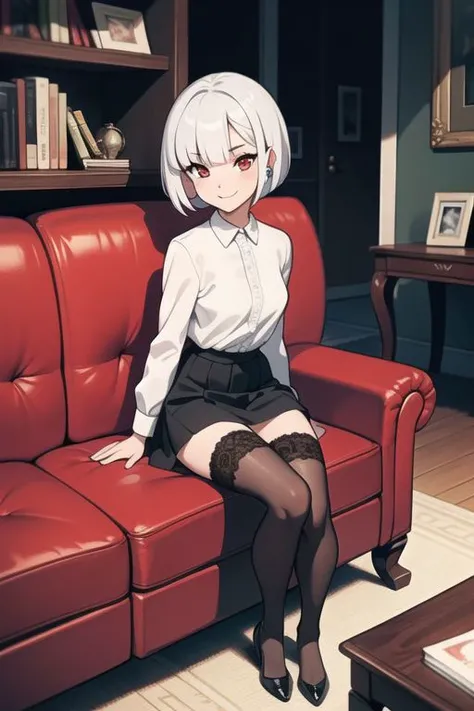 (masterpiece),(best quality),(ultra-detailed), (full body:1.2),
1girl,chibi,cute, smile,
white Bob haircut, red eyes, earring,
white shirt,black skirt, lace legwear,
(sitting on red sofa),
seductive posture, smile,
A sleek black coffee table sits in front of the sofa and a few decorative items are placed on the shelves,
(beautiful detailed face), (beautiful detailed eyes),
 <lora:blindbox_v1_mix:1>,