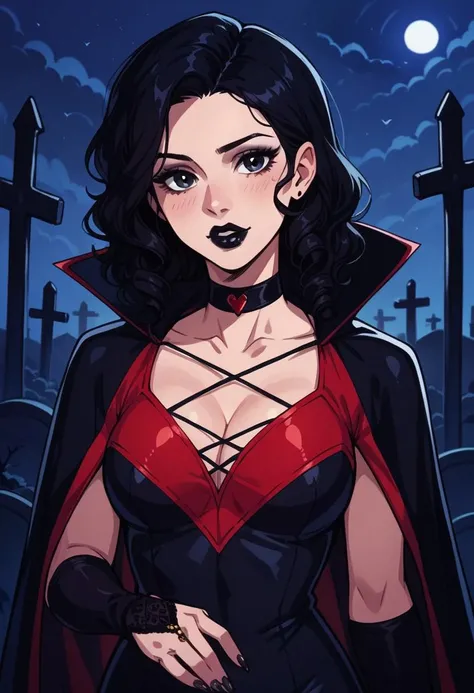 score_9, score_8_up, score_7_up, score_6_up, score_5_up, score_4_up, 1girl, long black curly hair, makeup, solo, hud_sxyw1tch2, black dress, red dress, cleavage, black bridal gauntlets, choker, lipstick, black nails, see-through black cape, upper body <lora:hud_sxyw1tch2_XLP2:0.7> , night, outdoors, graveyard, trick or treat,