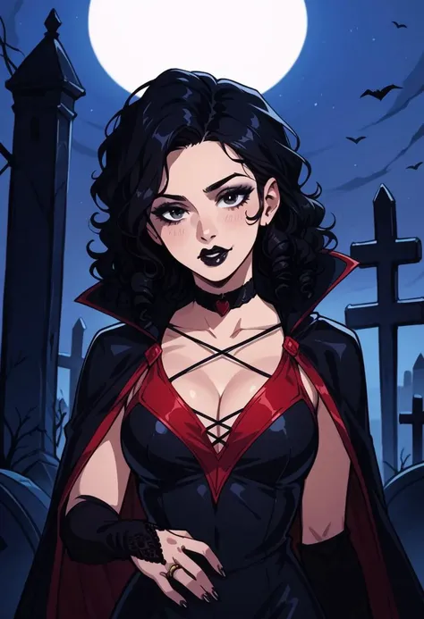 score_9, score_8_up, score_7_up, score_6_up, score_5_up, score_4_up, 1girl, long black curly hair, makeup, solo, hud_sxyw1tch2, black dress, red dress, cleavage, black bridal gauntlets, choker, lipstick, black nails, see-through black cape, upper body <lora:hud_sxyw1tch2_XLP2:0.7> , night, outdoors, graveyard, trick or treat,
