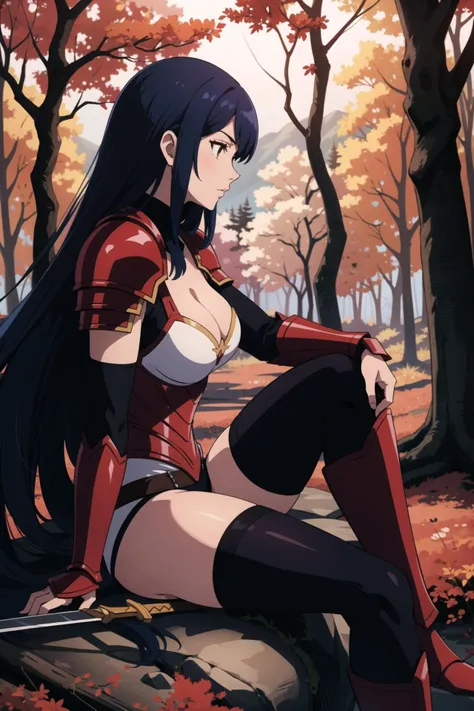1girl,(red forest:1.4), armor, bare_tree, blue_hair, boots, branch, breasts, cleavage, from_side, holding_weapon, large_breasts, long_hair, profile, shoulder_armor, sitting, solo, sword, thighhighs, tree, weapon