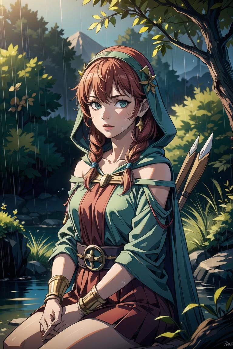 A woman in a green cape and red hair sitting on a rock - SeaArt AI