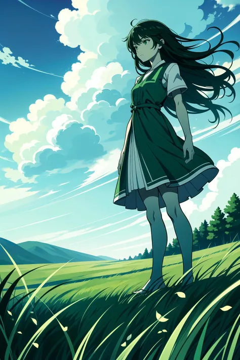 <lora:mdrnkz3:0.9>,simple background,(green,duotone:1.2),,sky,cloud,absurdres,dress,cloudy sky,evening,long hair,scenery,highres,blue sky,solo,sakimori \(hououbds\),grass,standing,1girl