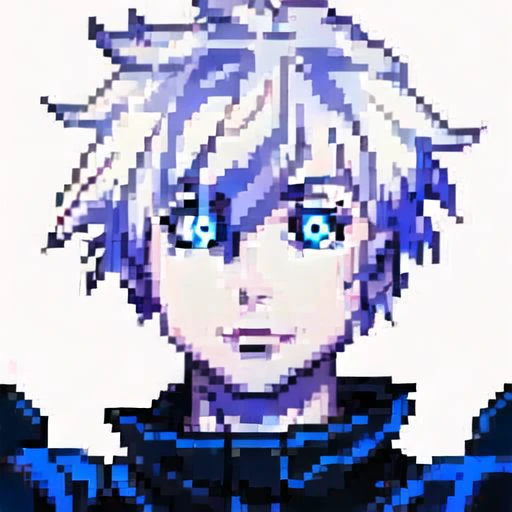 gojo , 1 boy, solo, white hair, blue eyes, glowing eyes,pixel art