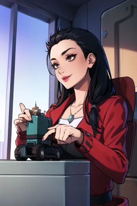 XenTAI-pos, spiky tomboy hairstyle, very short hair, 1girl, (black hair), (brown eyes), red jacket, drive a forklift edge, <lora:fellatrix_style_v2:0.7>, fellatrix style,smile,