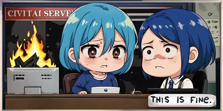 Prompt: scared gg sitting at desk with burning fire , coffee burning , computer broken , <lora:scared-expression-v1.8-000005:0.7> , fire (See description for further details)