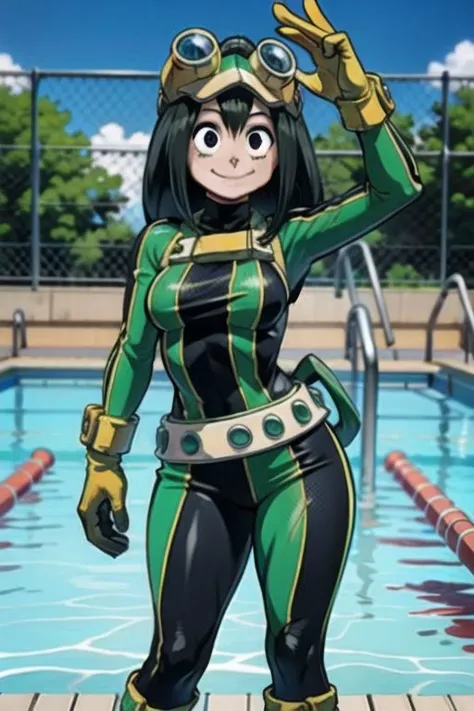 solo, tsuyu, (black eyes, :>:1.2), green bodysuit, goggles on head, superhero, boots, belt, standing yellow gloves, public pool background, next to pool, looking at viewer, smile