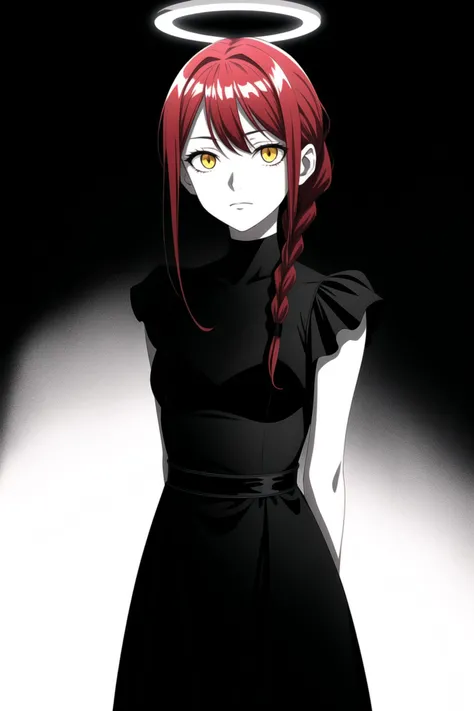 <lora:add_detail:1>,plain_background,simple_background,colored_background,monochrome,greyscale,grayscale,1girl,arms_behind_back,black_dress,braid,braided_ponytail,chain,chainsaw_man,dark_background,dress,gradient_background,halo,highres,looking_at_viewer,makima_(chainsaw_man),medium_hair,nyokki_dream666,partially_colored,red_halo,redhead,ringed_eyes,shore,sidelocks,solo,straight-on,yellow_eyes