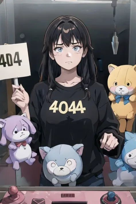 masterpiece, highres, absurdres, best quality, 1girl,sad_face, (Holding_Sign with  "404":1.2) , perfect lighting, cinematic, <lora:clawmachine:1>, clawmachine, plushies, joystick, glass, looking at viewer, detailed face