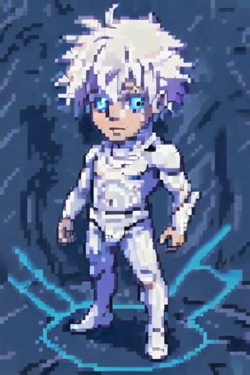 gojo , 1 boy, solo, white hair, blue eyes, glowing eyes,pixel art ,full body