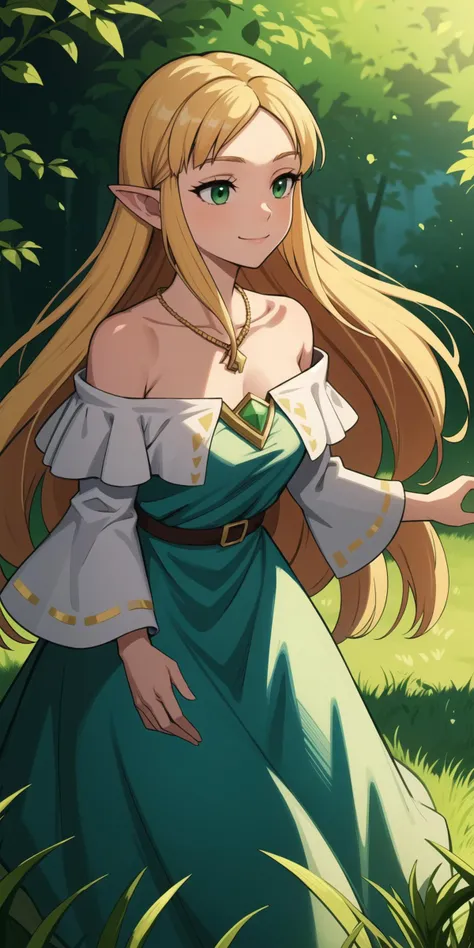 white_sleeves, very_long_hair, outstretched_arm, (closed_mouth:1.2), frilled_dress, bug, necklace, long_dress, the_legend_of_zelda, smile, forest, path, shawl, off-shoulder_dress, green_eyes, highres, gold_necklace, solo, jewelry, grass