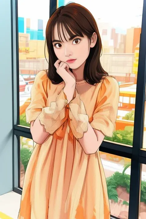 a woman posing on the street corner with orange blouse on, (upper body:0.8)