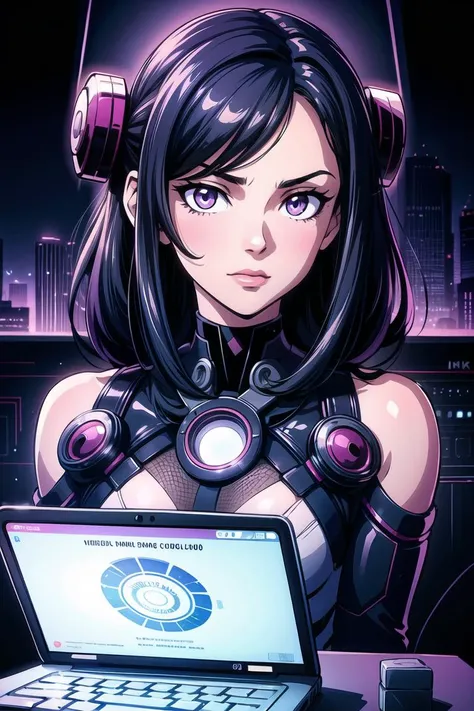 (best quality, masterpiece:1.3), 1girl, portrait, looking at viewer, solo, upper body, detailed background, detailed face, (1980s synthwave theme:1.1) evil high-tech futuristic hacker,  advanced technology,  techwear, wearable device,  electronics,  blue (holographic display:1.05), access denied,  laptop, cryptography, control panel in background,   dark sinister atmosphere, , intricate details, highres, 4k, 8k, western frontier, <lora:add_detail:0.8>
