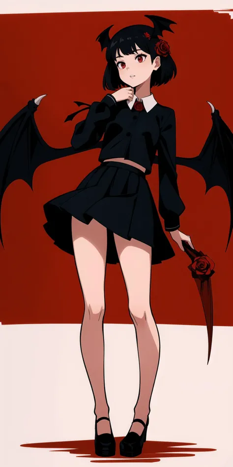 simple_background, small_breasts, wing_collar, red_flower, red_eyes, standing, parted_lips, red_rose, bat_wings, long_sleeves, highres, hand_up, head_wings, black_skirt, 1girl, traditional_media, wings, flower, (solo:1.2)