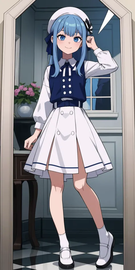 cable, white_dress, dress, white_socks, blue_hair, book, (broken_mirror:1.2), shirt, red_headwear, looking_at_viewer, hat, checkered_floor, 1girl, two-tone_dress, smile, nightcap, white_shirt, arm_support, vase, blue_eyes