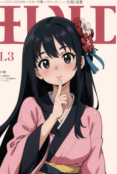 cover, magazine, newtype, masterpiece, best quality, (limb and hand and finger and arm), 1girl, solo, flower, blush, kimono, black hair, hair ornament, bang, ultra perfect detailed black eyes, long hair, Japanese clothes, hair flower, looking at viewer, upper body, perfect lighting, front light, dynamic angle, (shiny skin), <lora:animeMagazineCover_animeMagazineCoverV4:1>