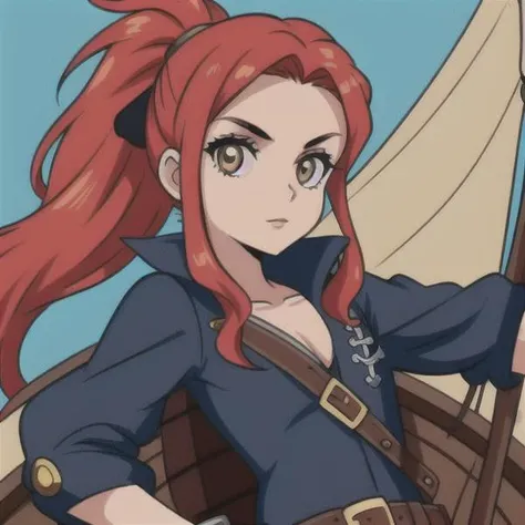 closeup of young woman in a pirate ship, wearing fashion, flat chest,high saturation