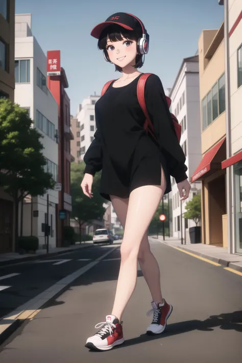 1girl, absurdres, highres, masterpiece, detailed, (sneakers), (high tops), ((long shirt)), white sneakers, ((headphones)), cable, backpack, baseball cap, black hair, short hair, bangs,walking,street,shops,sidewalk, smiling, medium breasts,east asian architecture, plain shirt,