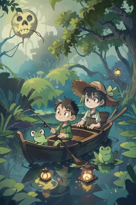 A whimsical drawing of two fishing in a rowboat in a swamp bayou, alligators, fireflies, full moon, treasure chest, swamp lantern, frogs, spanish moss, skull, voodoo, charming, spooky, exciting, family-friendly, quirky, adventurous, spirited, beautiful composition, classic, a masterpiece, memorable, Style-SwampMagic
