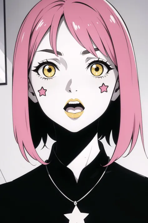 detailed_background,indoors,monochrome,greyscale,grayscale,portrait,traditional_media,1girl,dissolving,surreal,yellow_eyes,pink_hair,medium_hair,samehoshi,open_mouth,ribbon,disintegration,star_(symbol),solo,dissolving_clothes,close-up,highres,abstract,acrylic_paint_(medium),head_tilt,painting_(medium)