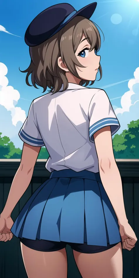 short_hair, ass, back, wavy_hair, watanabe_you, cloud, blue_eyes, from_behind, satolive20, (looking_at_viewer:1.2), thighs, solo, shorts, 1girl, skirt, hat, love_live!, love_live!_sunshine!!