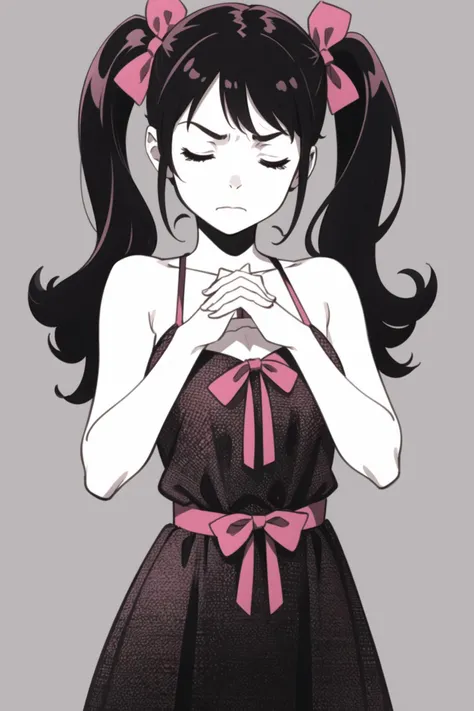 monochrome,greyscale,grayscale,leaning_to_the_side,dress,long_hair,simple_background,solo,bow,red_bow,brown_hair,makitsuki,multiple_hair_bows,yume_tagai,animal,highres,snake,hands_up,twintails,own_hands_together,low_twintails,sleeveless_dress,cowboy_shot,own_hands_clasped,brown_background,closed_eyes,animal_on_shoulder,pink_dress,tearing_up,1girl,niwasakino_daei,spaghetti_strap,frown,white_snake,facing_viewer,hair_bow,sleeveless,closed_mouth