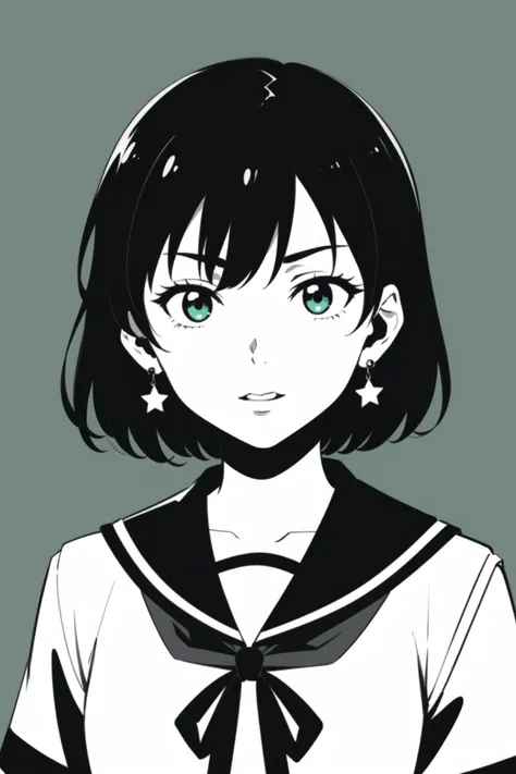 1girl,birthday,commentary,dated,earrings,green_background,greyscale_with_colored_background,jewelry,looking_at_viewer,love_live!,love_live!_superstar!!,lowres,mezashi_(mezamashi_set),school_uniform,short_hair,solo,translation_request,upper_body,wakana_shiki,yuigaoka_school_uniform