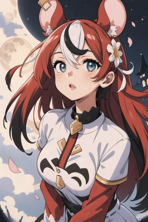 best quality, intricate details,


1girl, long hair, red hair, messy hair, red highlights, mouse ears, white shirt, black highlights, red writing, 

choker, torn legwear,

hakos baelz,   <lora:hakos baelz:0.8>    

 <lora:gachaSplashLORA_v40:0.8> [(white background:1.5),::5] (isometric:1.0), double exposure, bubble, mid shot, full body, // masterpiece, best quality, 1girl, (colorful),(finely detailed beautiful eyes and detailed face),cinematic lighting,bust shot,extremely detailed CG unity 8k wallpaper

((flying petal)),(Flowery meadow) sky, cloudy_sky, building, moonlight, moon, night, (dark theme:1.3), light, fantasy,looking at viewer,