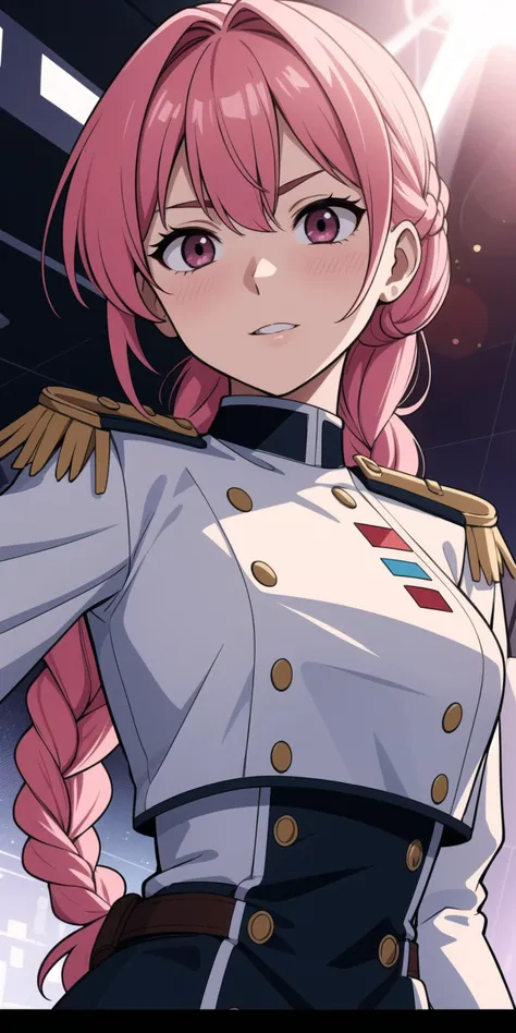blood_on_clothes, pink_hair, white_jacket, (official_art:1.1), military_uniform, head_out_of_frame, diffraction_spikes, two-tone_hair, upper_body, solo, braid, long_sleeves, non-web_source, general_student_council_president_\(blue_archive\), letterboxed, epaulettes, game_cg, uniform, highres, lens_flare