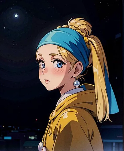masterpiece, look at viewer, girl with a pearl earring, blue bandana, (yellow hoodie), (smile expression:0.1), big white pearl earring, black eye, blush, (looking down from above:0.6), night city, volume light, yellow hair, yellow pony tail, (bow head:1.2)