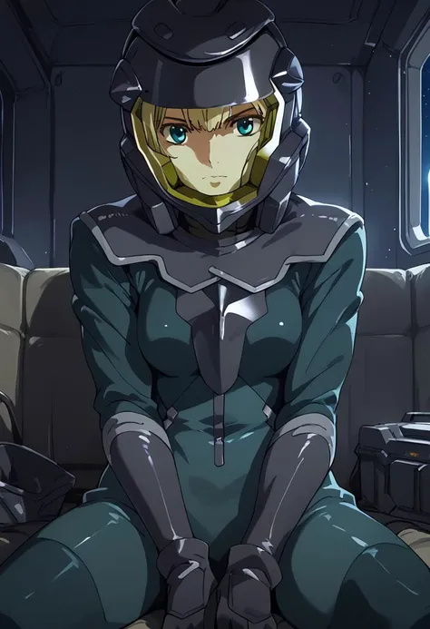 score_9, score_8_up, score_7_up, at room. Indoor,,night view, moonlight,female,,louise halevy, pilot helmet, pilotsuit, gauntlet,blue eyes,sitting,solo