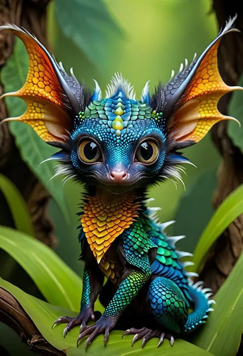 Produce a visually striking, masterpiece of wildlife portrait_futurism of a hybrid creature, combining the vibrant, intricate scales of a colorful Dragon Fire, Blue scales with the endearing features of a cute chibi aye-aye. The hybrid creature's skin boasts a kaleidoscope of rich, iridescent hues, ranging from deep emerald greens to shimmering sapphire blues, creating a mesmerizing display of color and texture. Its eyes, large and expressive like those of an aye-aye, exude a sense of innocence and curiosity, framed by long, fluffy lashes that add a touch of whimsy to the creature's appearance. The creature's slender fingers, tipped with delicate claws, exhibit a surprising dexterity and grace, while its tail, adorned with intricate patterns reminiscent of exotic reptilian scales, coils elegantly around its body. The vivid contrast between the lizard's reptilian features and the aye-aye's endearing characteristics results in a captivating, one-of-a-kind creature that effortlessly blends beauty and charm.