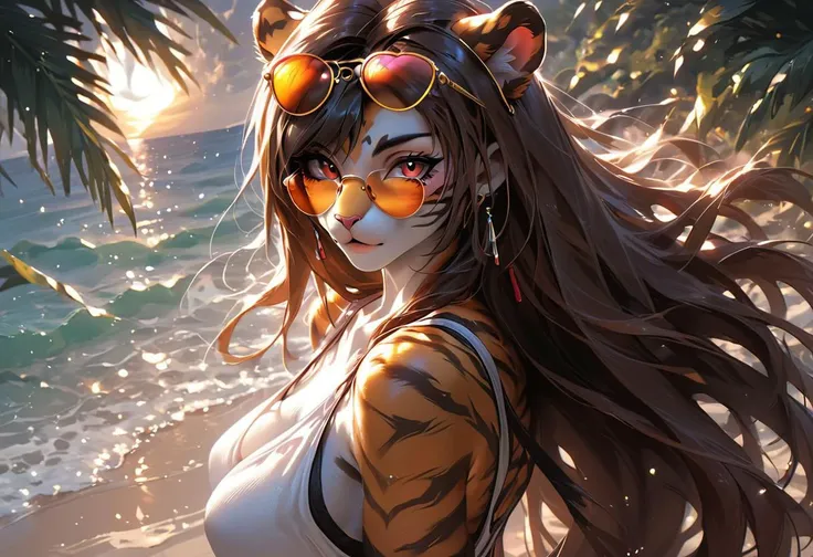 score_9, score_8_up, score_7_up, source_furry, beautiful female tiger, furry ,1 girl(tiger), middle breasts,detailed face,kind look,long brown hair, (sunglasses on head:1.3), bright lighting, sun shine, outdoors, beach, furry antro tiger dressd like Tifa Lockheart, standing, posing, seductive, sexy, looking at viewer,solo