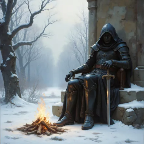 An oil painting with dark souls elements portrays a knight clad in black armour resting against a wall, with a small campfire in front of the knight. The ground around him is thick with snow and dead trees fork up against the sky like skeletal fingers. The knight in black armour is sat against a wall, his sword rested agasint the ground. The knights black armour contrasts against the snow, emphasizing the knights importance in the composition.