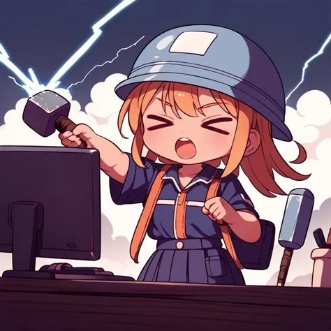 score_9, score_8_up, score_7_up, score_6_up, rating_safe, (chibi) anime girl, hard hat, holding hammer, lightning, hitting computer, > <, closed eyes, working hard, open mouth, in an office