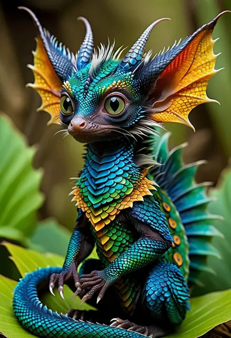 Produce a visually striking, masterpiece of wildlife portrait_futurism of a hybrid creature, combining the vibrant, intricate scales of a colorful Dragon Fire, Blue scales with the endearing features of a cute chibi aye-aye. The hybrid creature's skin boasts a kaleidoscope of rich, iridescent hues, ranging from deep emerald greens to shimmering sapphire blues, creating a mesmerizing display of color and texture. Its eyes, large and expressive like those of an aye-aye, exude a sense of innocence and curiosity, framed by long, fluffy lashes that add a touch of whimsy to the creature's appearance. The creature's slender fingers, tipped with delicate claws, exhibit a surprising dexterity and grace, while its tail, adorned with intricate patterns reminiscent of exotic reptilian scales, coils elegantly around its body. The vivid contrast between the lizard's reptilian features and the aye-aye's endearing characteristics results in a captivating, one-of-a-kind creature that effortlessly blends beauty and charm.
