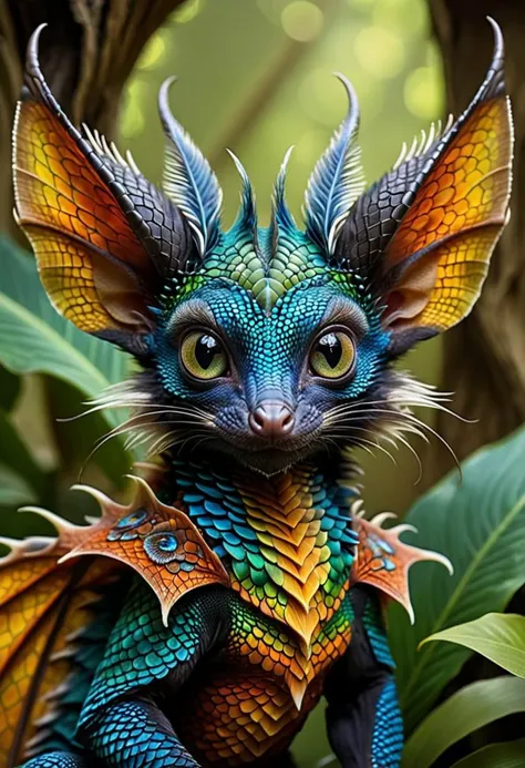 Produce a visually striking, masterpiece of wildlife portrait_futurism of a hybrid creature, combining the vibrant, intricate scales of a colorful Dragon Fire, Blue scales with the endearing features of a cute chibi aye-aye. The hybrid creature's skin boasts a kaleidoscope of rich, iridescent hues, ranging from deep emerald greens to shimmering sapphire blues, creating a mesmerizing display of color and texture. Its eyes, large and expressive like those of an aye-aye, exude a sense of innocence and curiosity, framed by long, fluffy lashes that add a touch of whimsy to the creature's appearance. The creature's slender fingers, tipped with delicate claws, exhibit a surprising dexterity and grace, while its tail, adorned with intricate patterns reminiscent of exotic reptilian scales, coils elegantly around its body. The vivid contrast between the lizard's reptilian features and the aye-aye's endearing characteristics results in a captivating, one-of-a-kind creature that effortlessly blends beauty and charm.