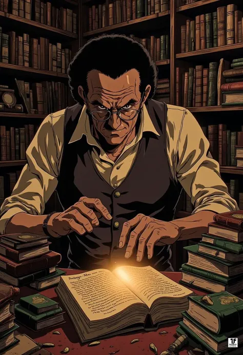 egmid, close-up portrait, in a cluttered attic filled with old books and strange artifacts. The character is a collector with a pair of spectacles perched on their nose, carefully examining a rare, glowing object.