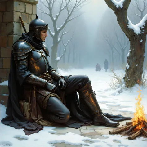 An oil painting with dark souls elements portrays a knight clad in armour resting against a wall, with a small campfire in front of the knight. The ground around him is thick with snow and dead trees fork up against the sky like skeletal fingers. The knight in armour is sat against a wall, his sword rested agasint the ground.