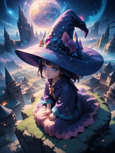 score_9, score_8_up, score_7_up,
intricate details, extreme detail,
very aesthetic, abstract, surreal,
extreme contrast,
colorful,
the most adorable,
(Solo:1.4), detailed eyes, (very close-up on eyes), side of face,
solo, female, cute, baggy wizard robe, wizard hat, baggy long sleeves,
nighttime, night,
sitting, view from above,
sparkling, cliff side, over a city,
Detailed face, beautiful, Expressive,
<lora:Painted_World_-_Pony:0.8>