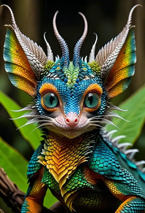 Produce a visually striking, masterpiece of wildlife portrait_futurism of a hybrid creature, combining the vibrant, intricate scales of a colorful Dragon Fire, Blue scales with the endearing features of a cute chibi aye-aye. The hybrid creature's skin boasts a kaleidoscope of rich, iridescent hues, ranging from deep emerald greens to shimmering sapphire blues, creating a mesmerizing display of color and texture. Its eyes, large and expressive like those of an aye-aye, exude a sense of innocence and curiosity, framed by long, fluffy lashes that add a touch of whimsy to the creature's appearance. The creature's slender fingers, tipped with delicate claws, exhibit a surprising dexterity and grace, while its tail, adorned with intricate patterns reminiscent of exotic reptilian scales, coils elegantly around its body. The vivid contrast between the lizard's reptilian features and the aye-aye's endearing characteristics results in a captivating, one-of-a-kind creature that effortlessly blends beauty and charm.