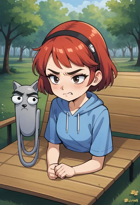 score_8_up, score_7_up, score_6_up, score_9, illustration, cl1ppy, pokemon (creature), , b3yum1, red hair, wolf cut hairstyle, furrowed brows, angry, bench, park, sunny, eyelashes