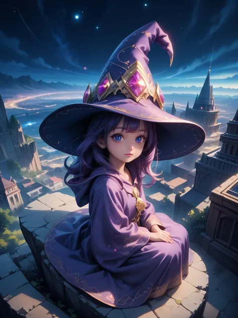 score_9, score_8_up, score_7_up,
intricate details, extreme detail,
very aesthetic, abstract, surreal,
extreme contrast,
colorful,
the most adorable,
(Solo:1.4), detailed eyes, (very close-up on eyes), side of face,
solo, female, cute, baggy wizard robe, wizard hat, baggy long sleeves,
nighttime, night,
sitting, view from above,
sparkling, cliff side, over a city,
Detailed face, beautiful, Expressive,
<lora:Painted_World_-_Pony:0.8>