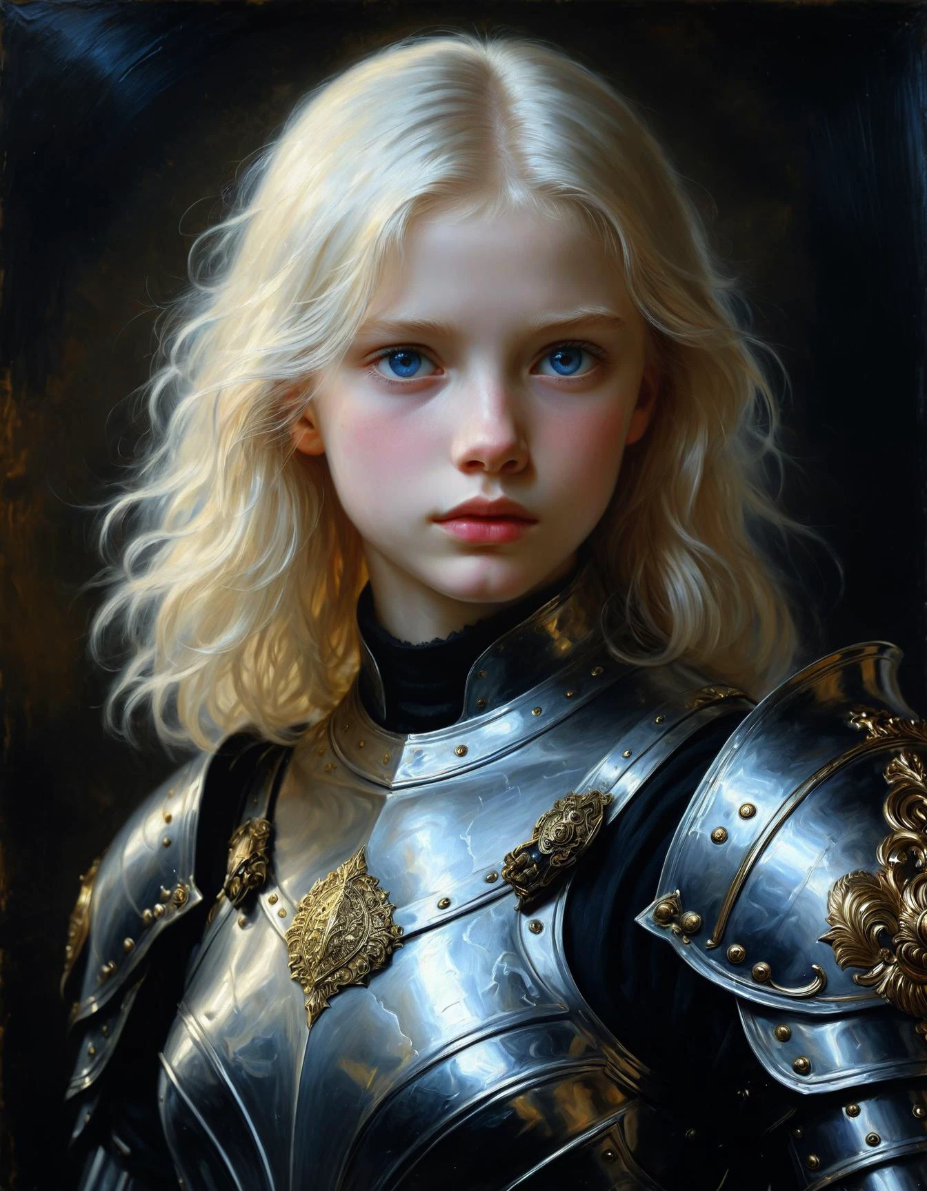Minimalist painting of an albino princess wearing a black and gold plate mail armor by Albert Lynch, Abbott Handerson Thayer, close portrait, highly detail, best quality, Sword and shield, glowing, innocent, serene, oil painting, white skin, pale skin, blue eyes, long flowing white hair, ultra detailed, romantic, Rembrandt lighting, brush strokes