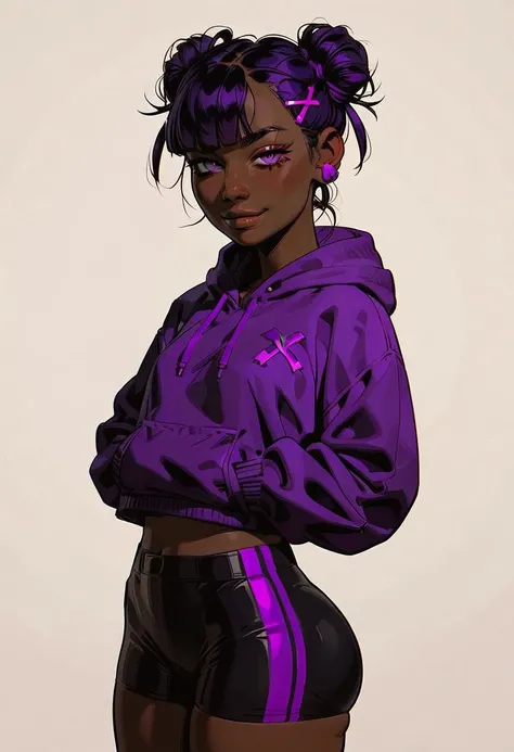 BREAK score_9, score_8_up, score_7_up, score_6_up, score_5_up, score_4_up, rating_questionable, dark skin:30.0 , 18 year old, expressive eyes, gorgeous face, detailed face, fit, skinny body, short, short torso, very short hair, hair up, double bun, hair flaps, asymmetrical bangs, long bangs, x hair ornament, purple hair, purple eyes,big ass, perfect ass, round ass, trained thighs, thick thighs, smug, purple hoodie open at the front, purple breast band, purple bike shorts, seductive pose