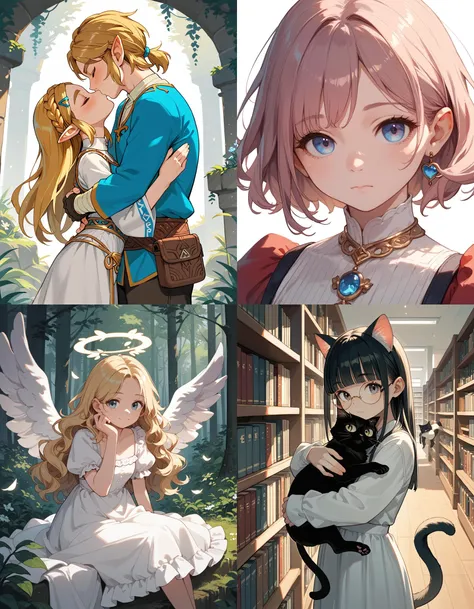 https://civitai.com/articles/5300 ___ All images: score_9, score_8_up, score_7_up ___ 1st image: 1girl, 1boy, Princess_Zelda, \(The_Legend_of_Zelda:_Breath_of_the_Wild\), standing, kiss, hug, closed_eyes ___ 2nd image: 1girl, lovely face, portrait, close-up, looking_at_viewer, closed_mouth ___ 3rd image: 1girl, solo, blonde_hair, wavy_hair, angel, angel_wings, halo, smile, sitting, forest, white_dress ___ 4th Image: 1girl, solo, long_hair, black_hair, blunt_bangs, straight_hair, round_eyewear, cat_girl, cat_ears, cat_tail, standing, hug cat, looking_at_viewer, library