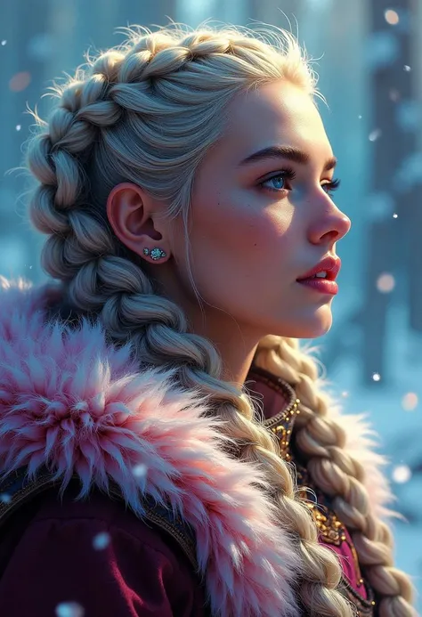 abstract photorealistic ink image in vivid, surreal colour gradient, closeup side portrait of a viking woman wearing fur armor, long bleached hair, braids,