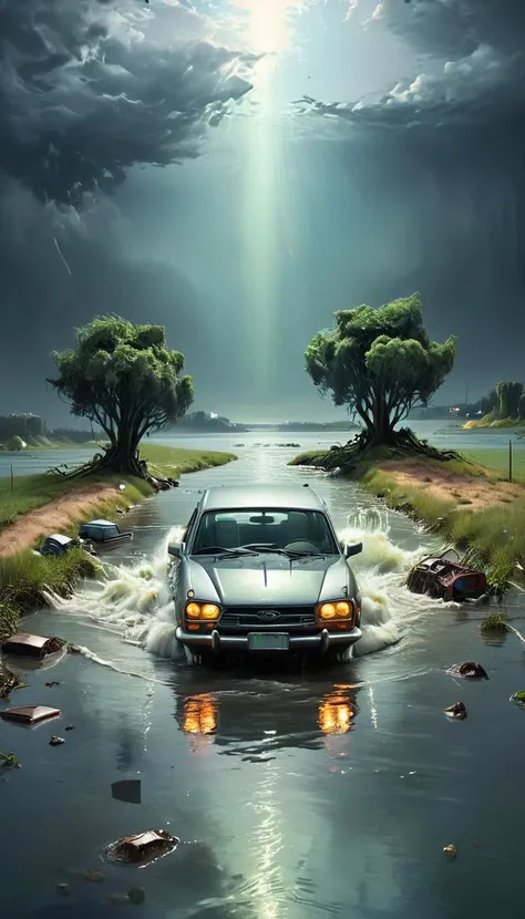 a Sabattier effect representation of a artwork machine, Rich Gray aesthetical landscape with Cool Colors ,soft diffused lighting. future funk playful look, Magnificent focused, A place taken by a flood with everyday objects floating and cars submerged in the water , <lora:NicolaSamori:1>, <lora:Astigmatism_-0.5b:0.5>, <lora:xl_more_art-full_v1:1>