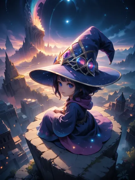 score_9, score_8_up, score_7_up,
intricate details, extreme detail,
very aesthetic, abstract, surreal,
extreme contrast,
colorful,
the most adorable,
(Solo:1.4), detailed eyes, (very close-up on eyes), side of face,
solo, female, cute, baggy wizard robe, wizard hat, baggy long sleeves,
nighttime, night,
sitting, view from above,
sparkling, cliff side, over a city,
Detailed face, beautiful, Expressive,
<lora:Painted_World_-_Pony:0.8>